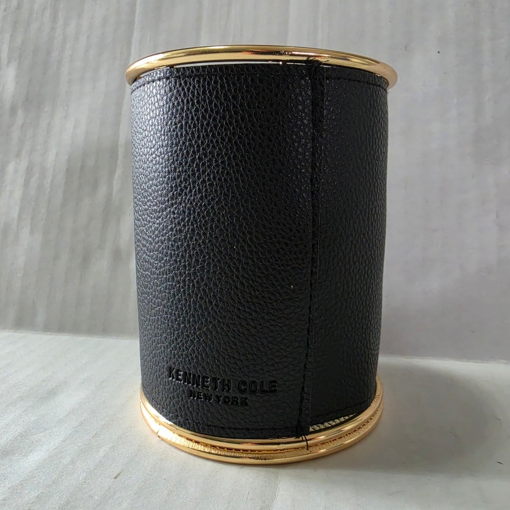 Kenneth Cole New York Leather Desk Organizer Pen Pencil Cup Holder Black Gold